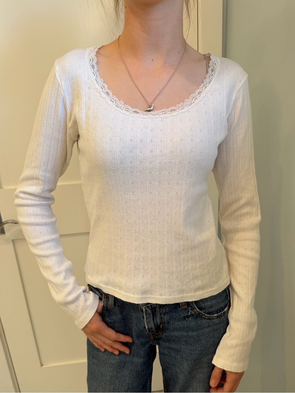 Brandy Melville White Lace-Trim Scoop Neck Long Sleeve Top NWOT